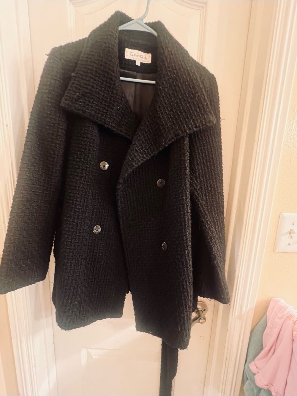 Calvin Klein Black Textured Wool-Blend Double-Breasted Peacoat